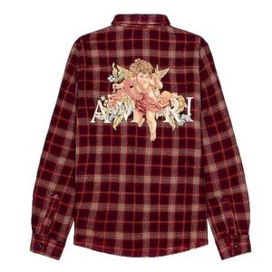 AMIRI Shirt Men Small Button Down Wool Flannel Cherub Plaid Burgundy Fall Logo